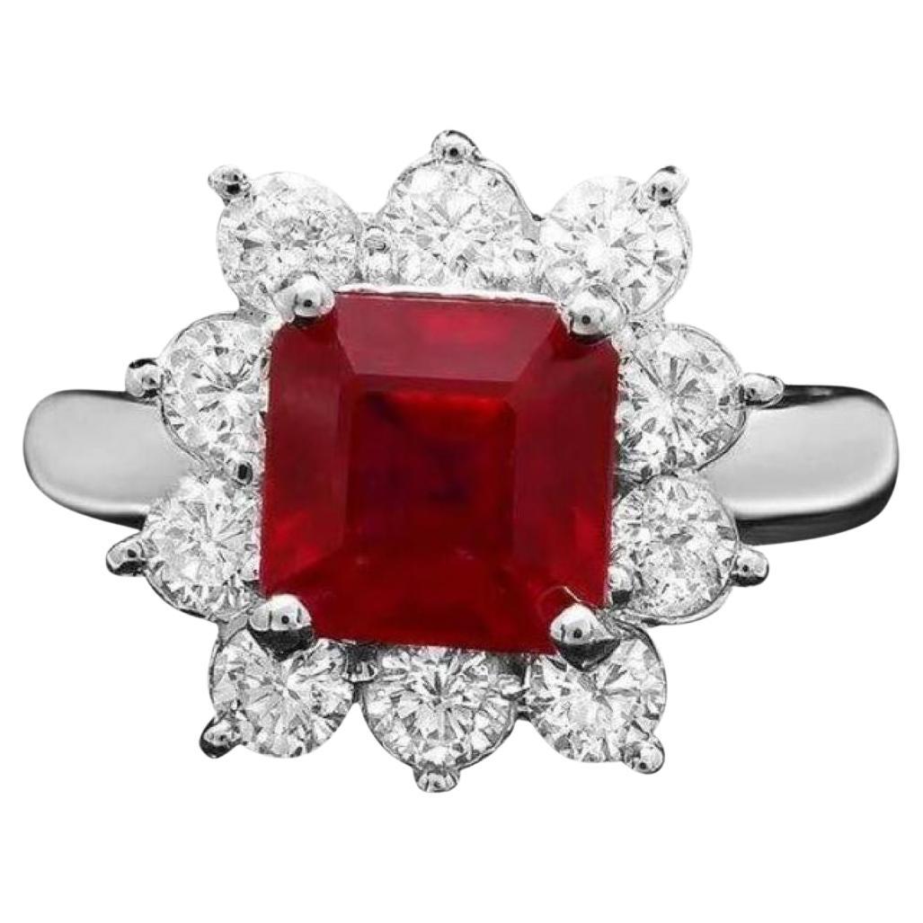 Anillo de oro blanco macizo de 14 quilates con rubí rojo natural y diamantes de 4,50 quilates