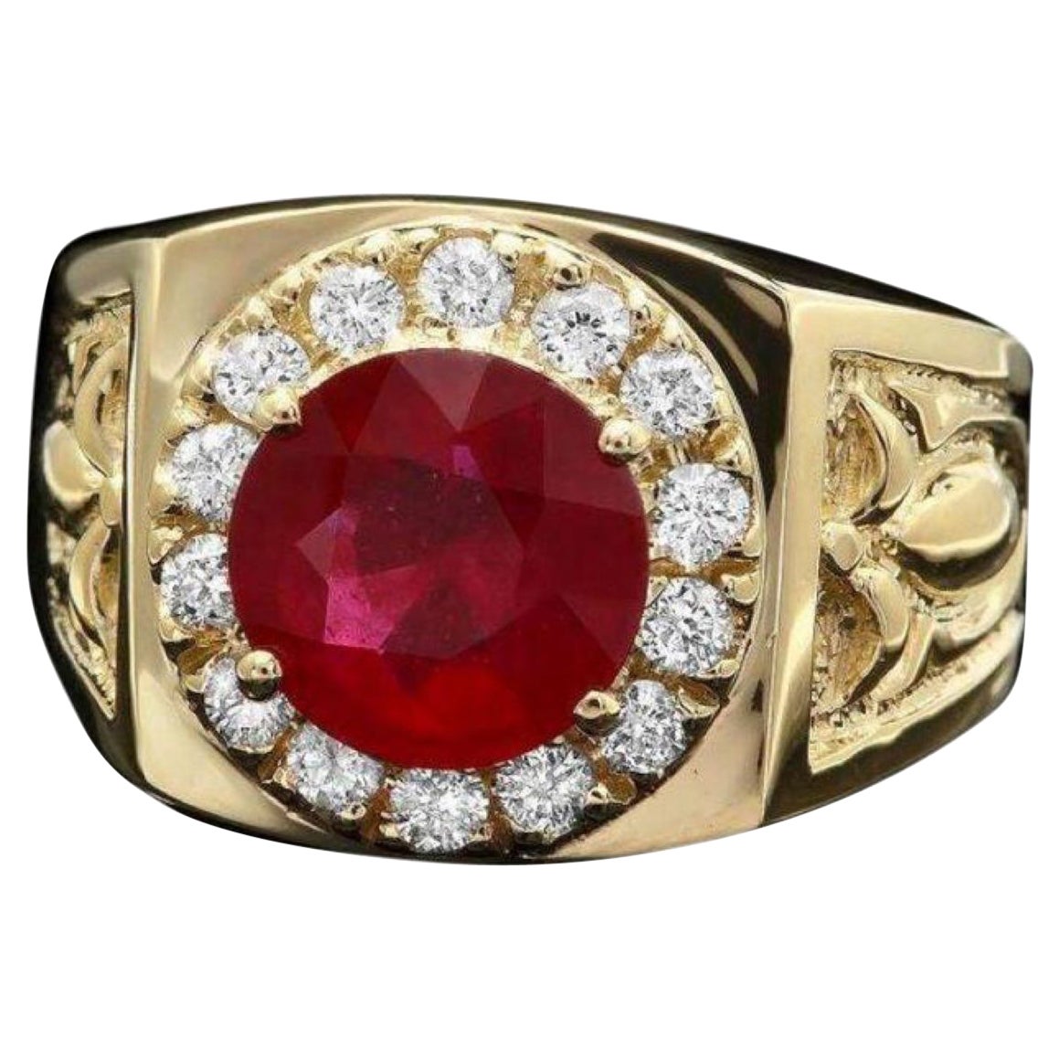 Bague pour homme en or jaune massif 14 carats avec rubis rouge naturel de 4,50 carats et diamants