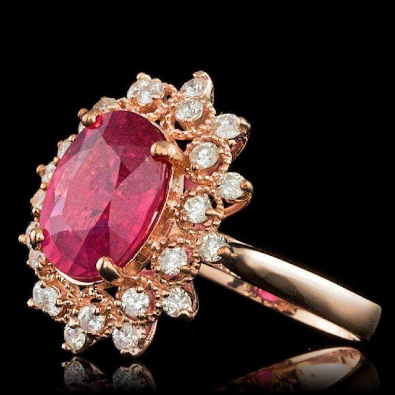 4.50 Carats Impressive Natural Red Ruby and Diamond 14K Solid Rose Gold Ring

Total Natural Red Ruby Weight is: Approx. 3.90 Carat

Ruby Measures: Approx. 11.00 x 9.00mm

Ruby treatment: Fracture Filling

Natural Round Diamonds Weight: Approx. 0.60
