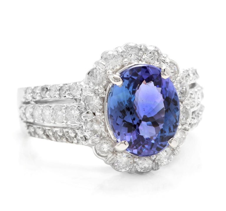 100% Natural Blue Tanzanite Oval Cut 18Kt White Gold Ring with Diamonds main image 1