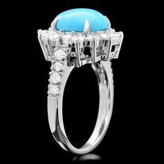 4.50 Carats Natural Turquoise and Diamond 14K Solid White Gold Ring