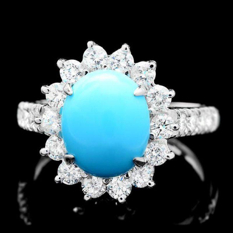 Mixed Cut 4.50 Carats Natural Turquoise and Diamond 14K Solid White Gold Ring For Sale