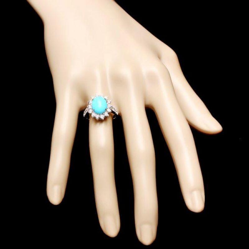 4.50 Carats Natural Turquoise and Diamond 14K Solid White Gold Ring In New Condition For Sale In Los Angeles, CA
