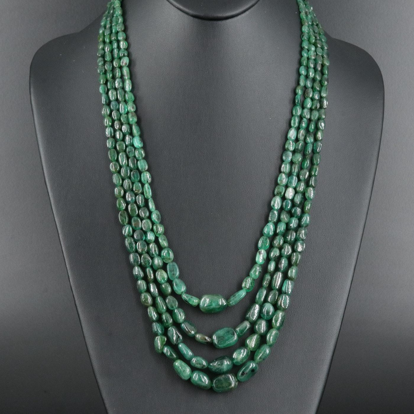 Mixed Cut 450 Carats of Earth Mined Emeralds Set in a 4 Strand Necklace For Sale