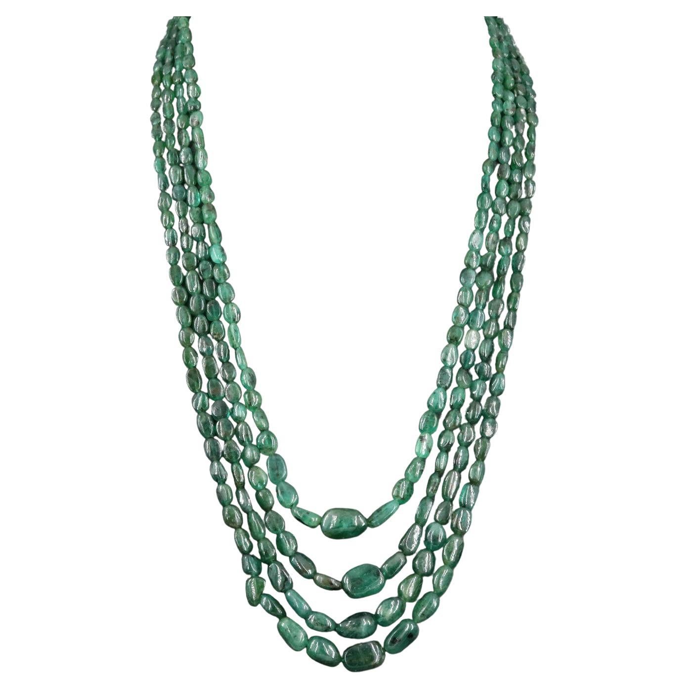 450 Carats of Earth Mined Emeralds Set in a 4 Strand Necklace For Sale