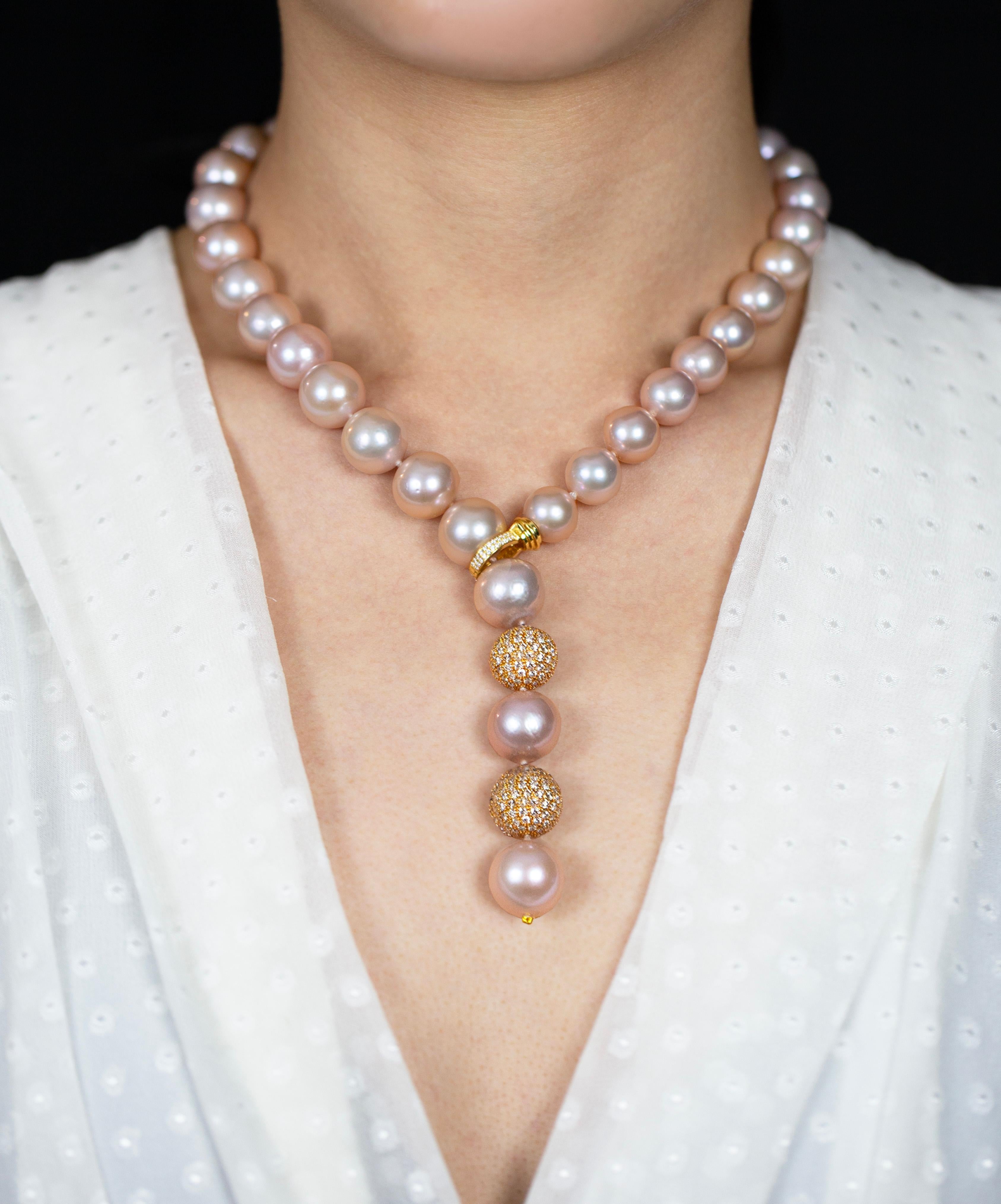 Roman Malakov 4.50 Carats Total Diamond South Sea Pink Pearl Lariat Necklace In New Condition In New York, NY