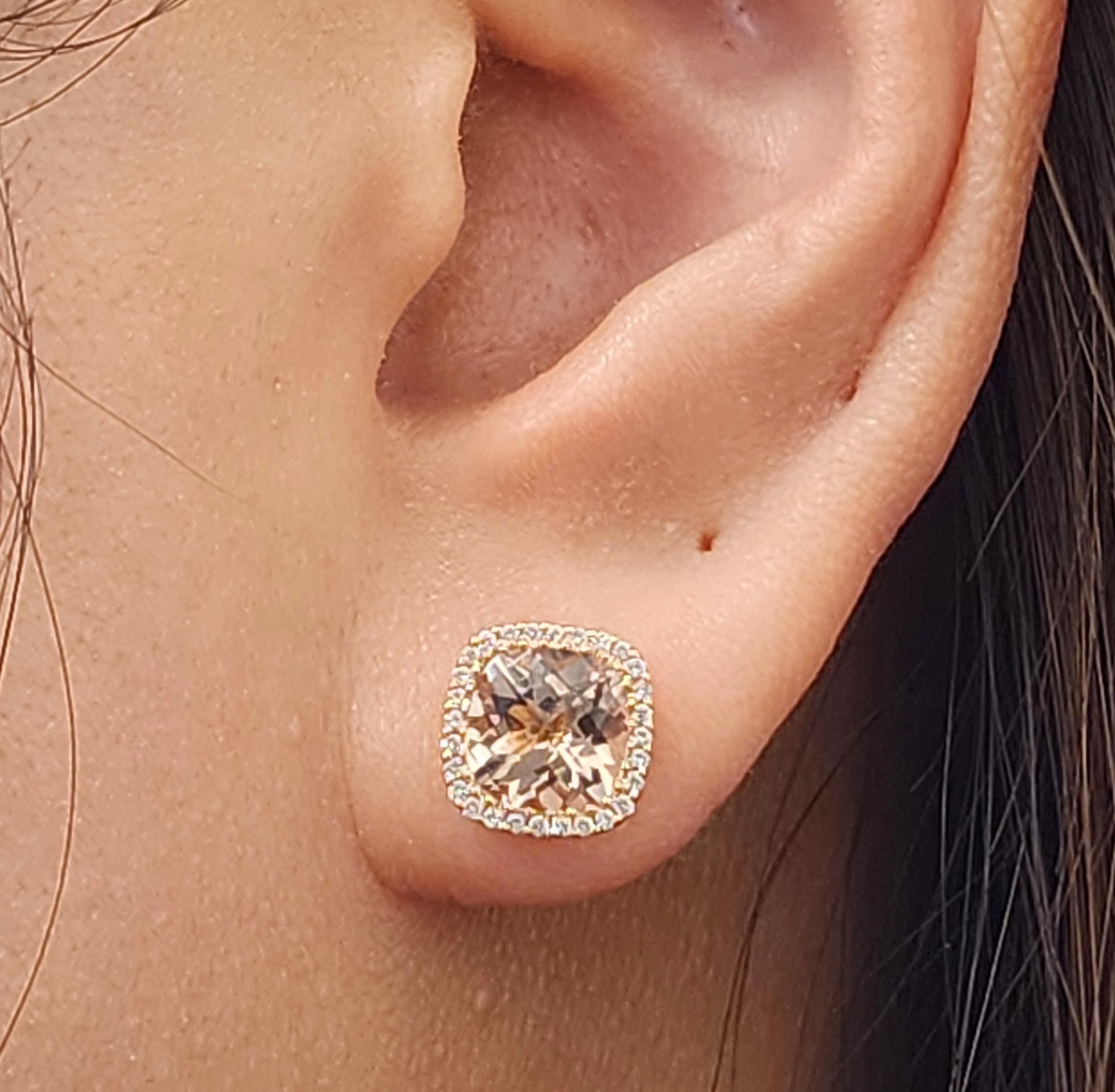 Pendientes de oro amarillo de 18 quilates con diamantes y Morganita rosa talla cojín de 4,50 quilates Moderno en venta