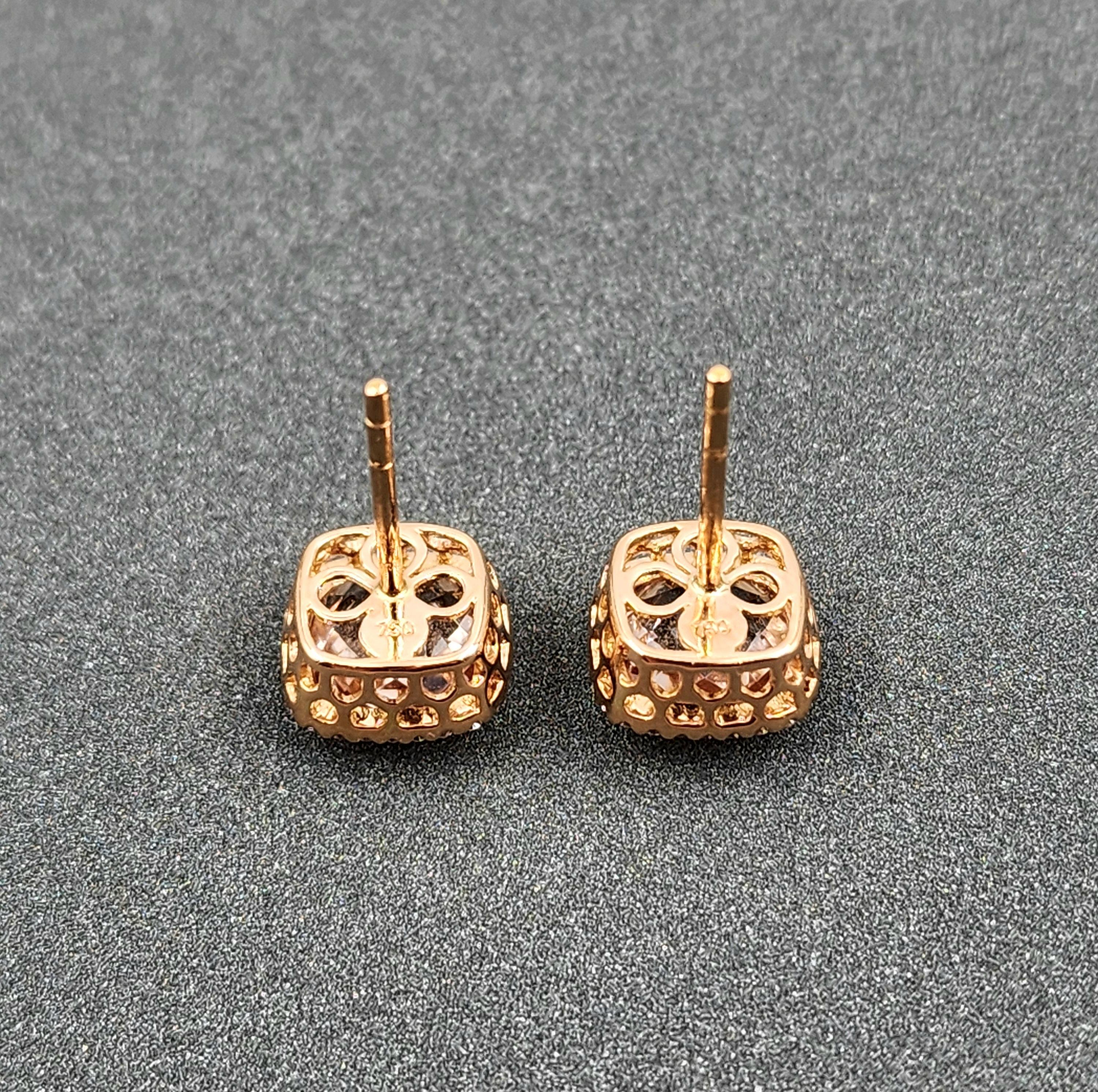 Pendientes de oro amarillo de 18 quilates con diamantes y Morganita rosa talla cojín de 4,50 quilates Corte cojín en venta