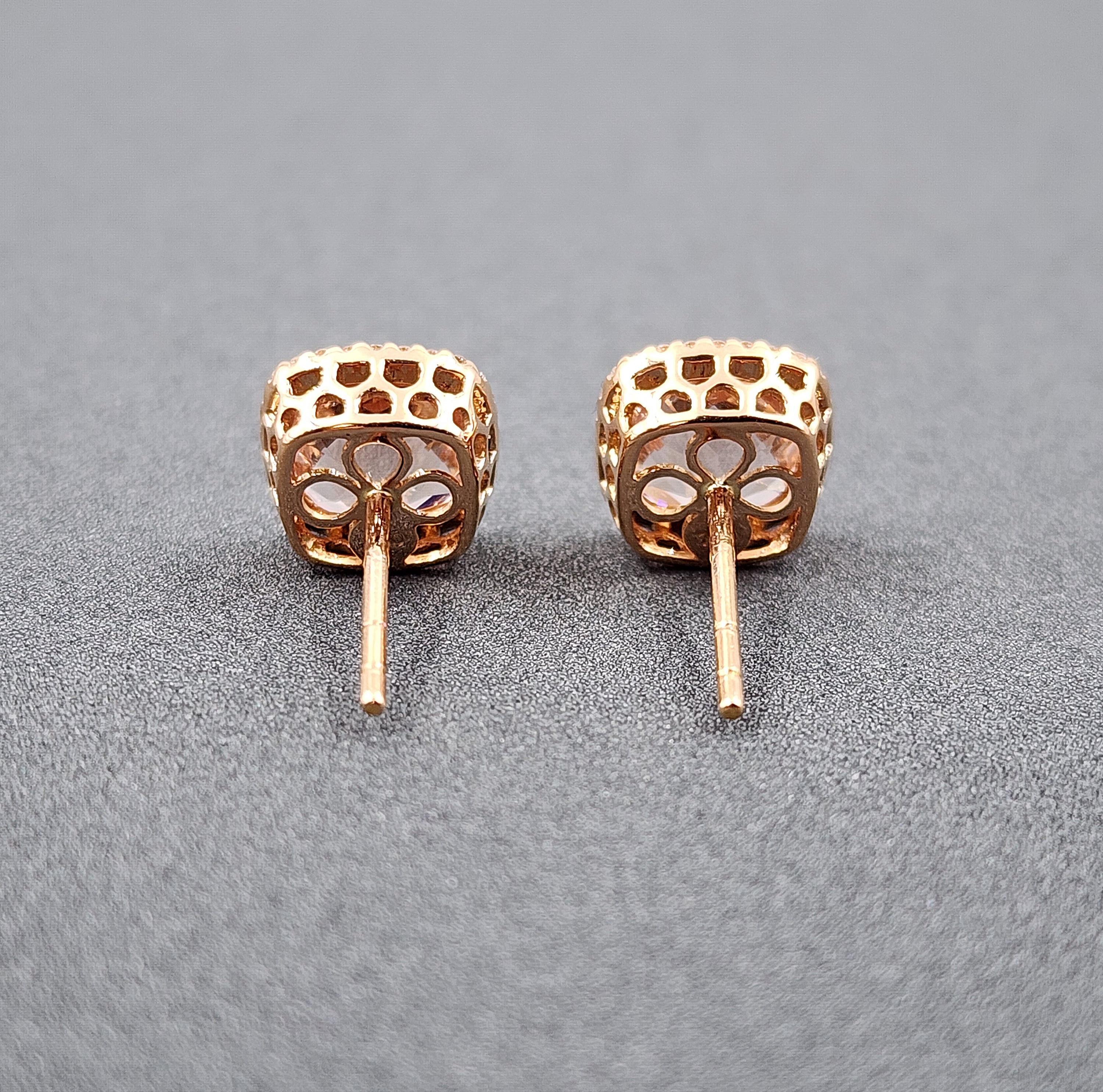 Femenino o masculino Pendientes de oro amarillo de 18 quilates con diamantes y Morganita rosa talla cojín de 4,50 quilates en venta