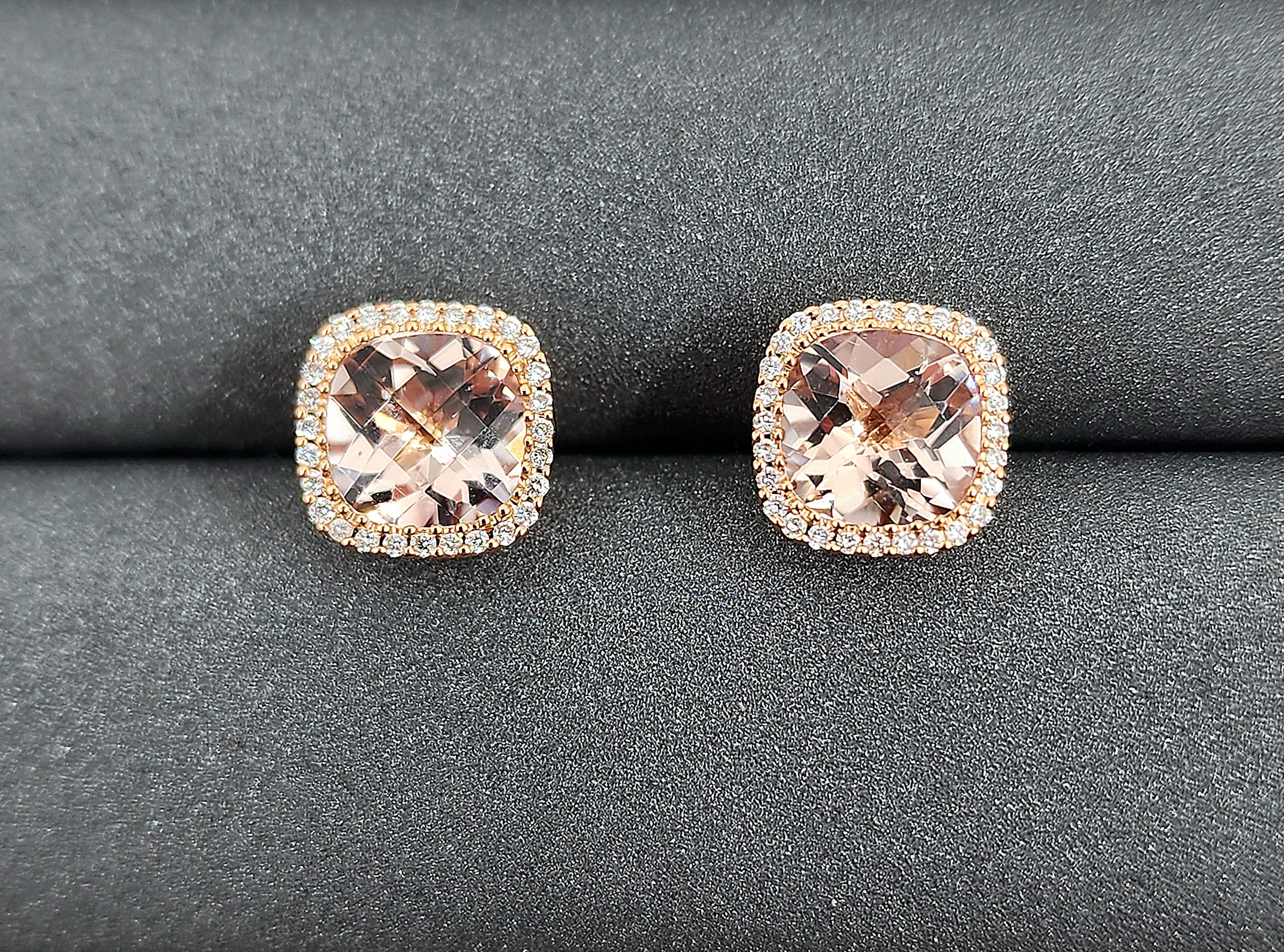 Pendientes de oro amarillo de 18 quilates con diamantes y Morganita rosa talla cojín de 4,50 quilates en venta