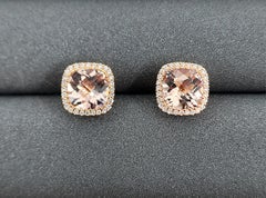 4.50 ct Cushion-Cut Pink Morganite & Diamond Stud Earrings in 18k Yellow Gold