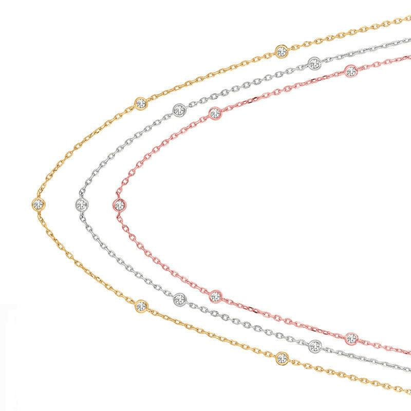 4.50 CT Diamond by the Yard 3 Strand Diamond Necklace - Rose, White & Yellow Gold

100% Natural Diamonds, Not Enhanced in any way Round Cut Diamond by the Yard Necklace

4.50CT, G-H, SI 14K Yellow, Rose and White Gold, Bezel style, 10.90 grams

3/16