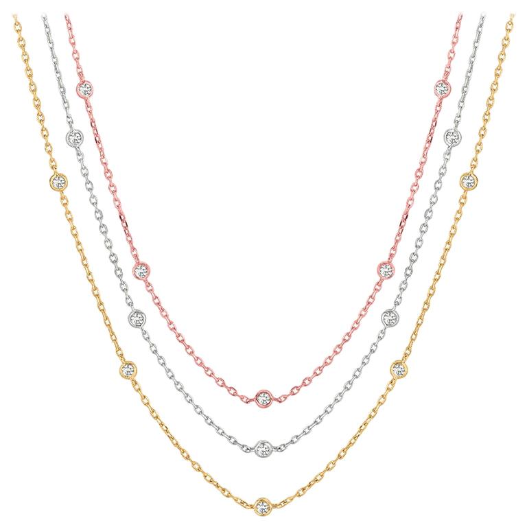 4.50 CT Diamond by the Yard 3 Strand Diamond Necklace, Rose, White & Yellow Gold For Sale