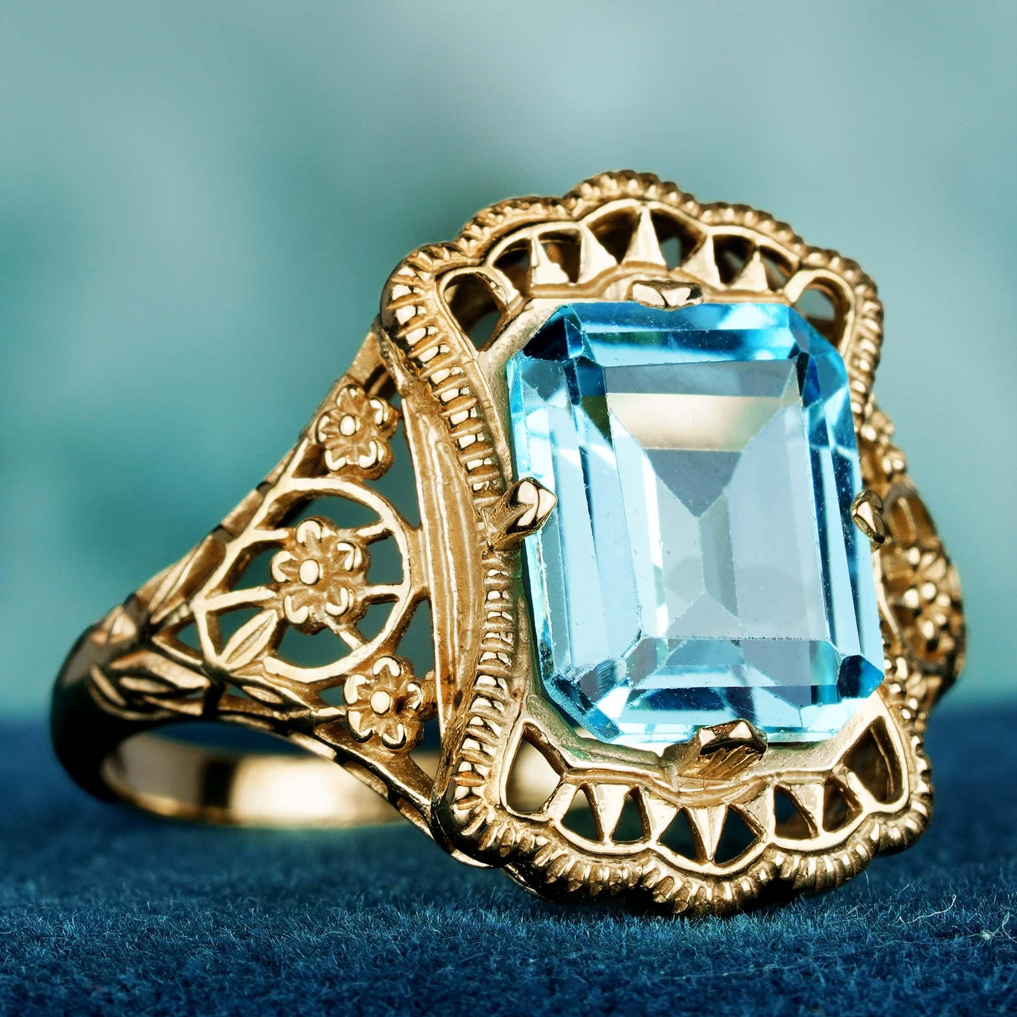For Sale:  4.50 Ct. Natural Blue Topaz Vintage Style Filigree Ring in Solid 9K Yellow Gold 2