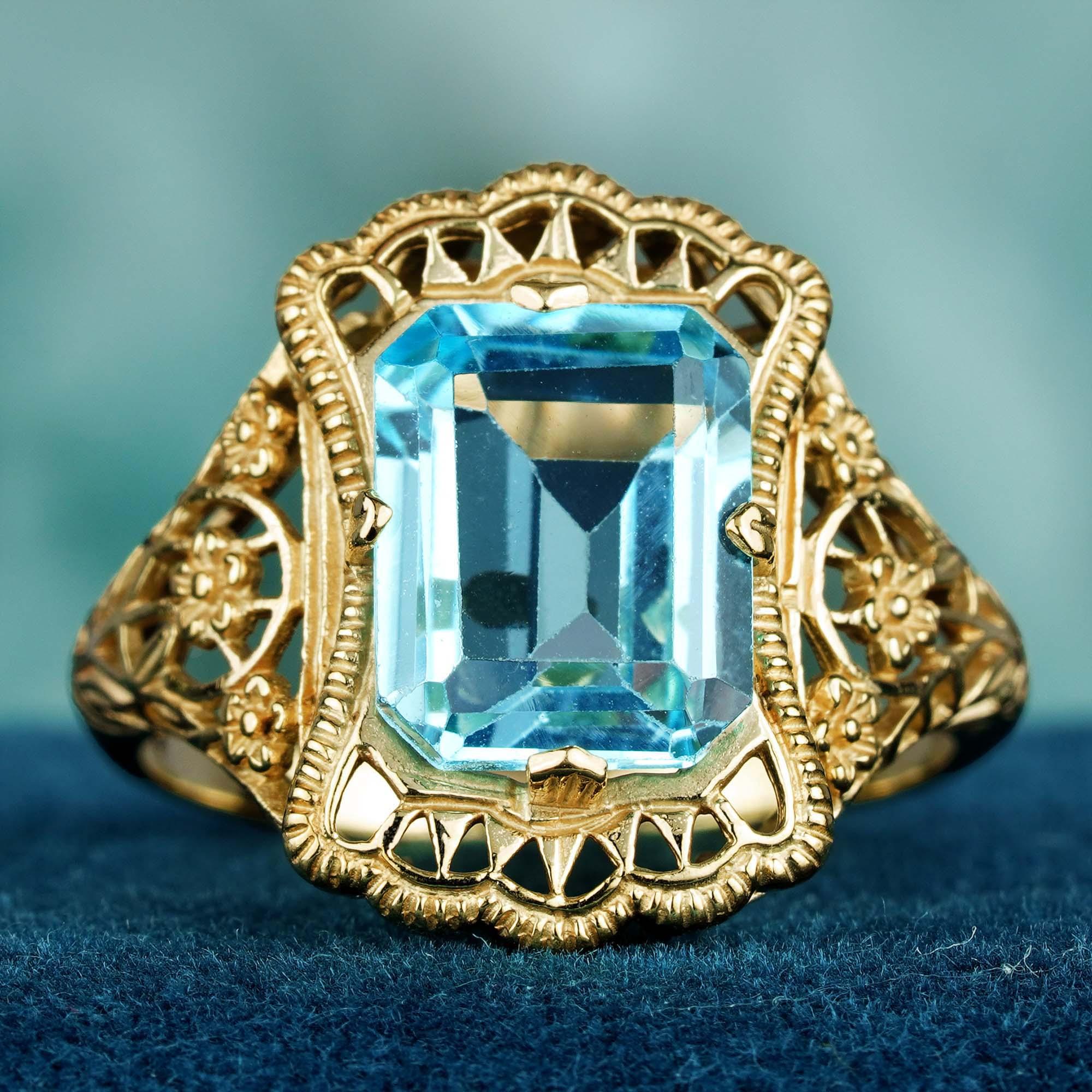 For Sale:  4.50 Ct. Natural Blue Topaz Vintage Style Filigree Ring in Solid 9K Yellow Gold 3