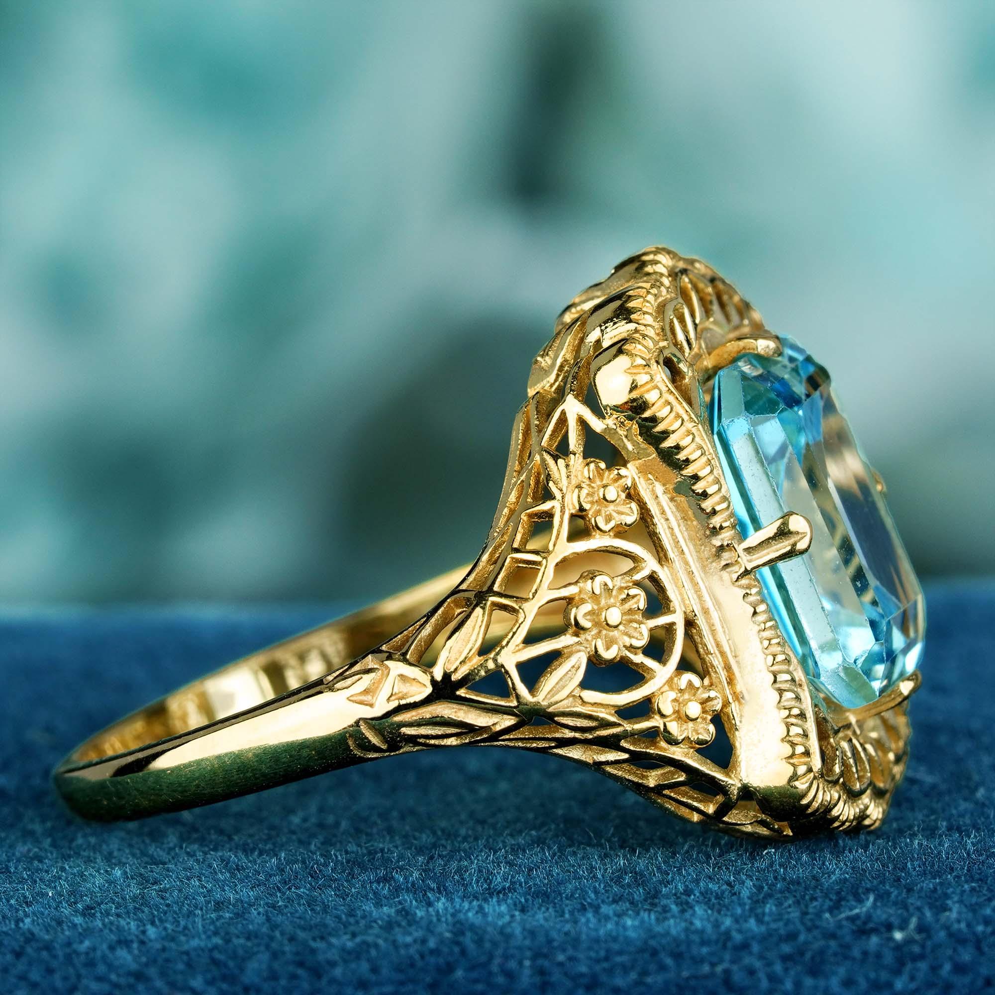 For Sale:  4.50 Ct. Natural Blue Topaz Vintage Style Filigree Ring in Solid 9K Yellow Gold 4