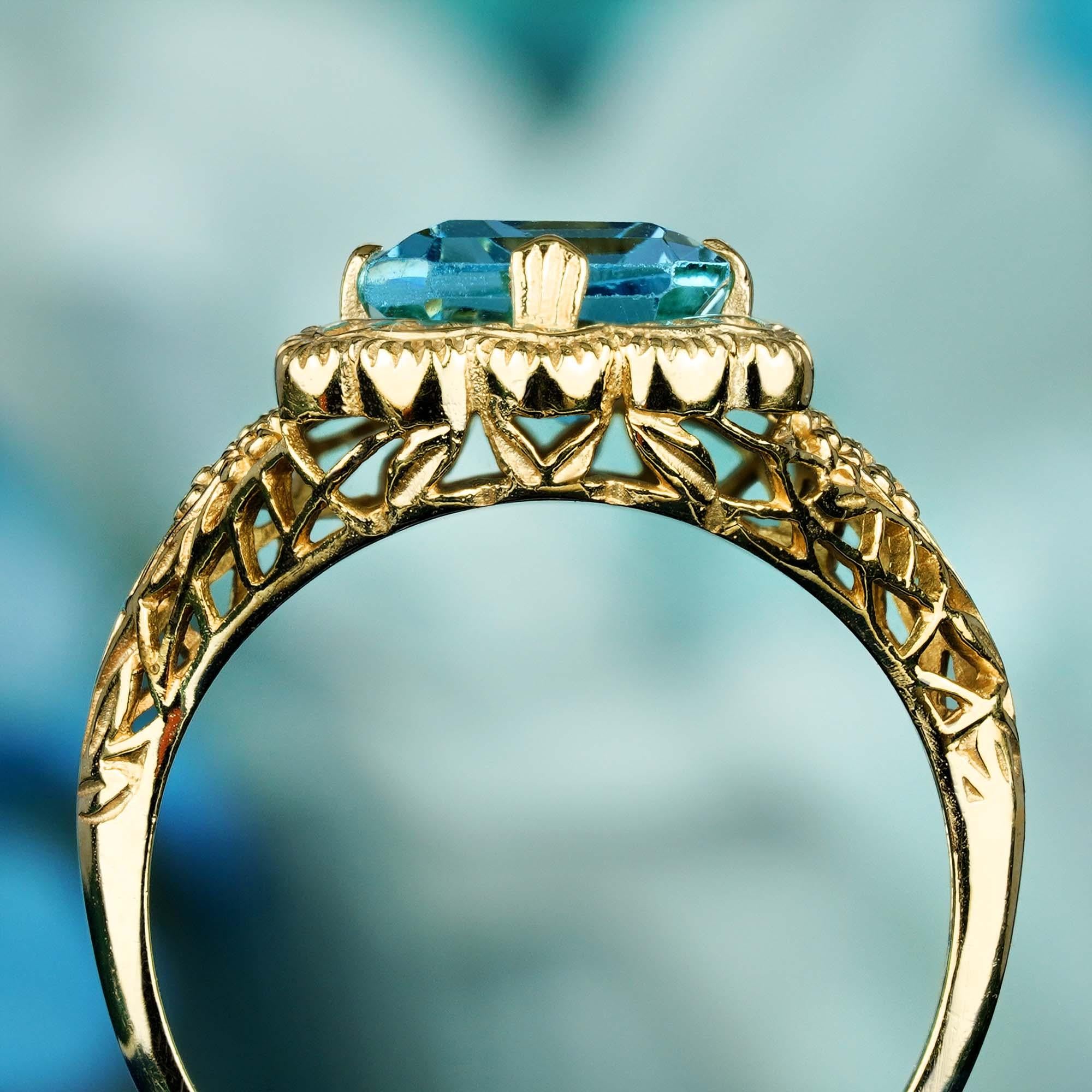 For Sale:  4.50 Ct. Natural Blue Topaz Vintage Style Filigree Ring in Solid 9K Yellow Gold 5