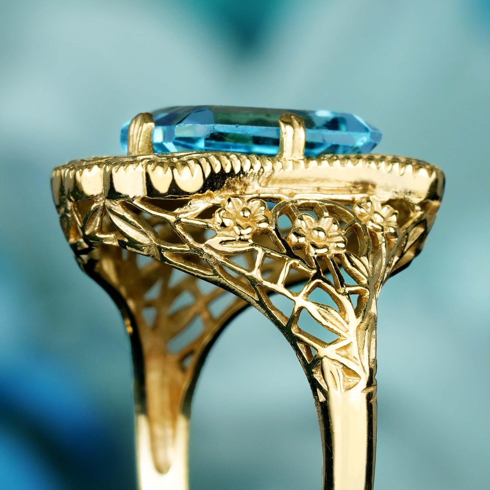 For Sale:  4.50 Ct. Natural Blue Topaz Vintage Style Filigree Ring in Solid 9K Yellow Gold 6