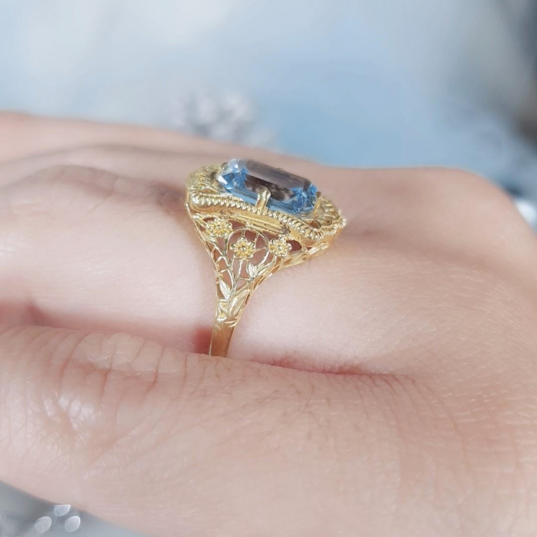 For Sale:  4.50 Ct. Natural Blue Topaz Vintage Style Filigree Ring in Solid 9K Yellow Gold 9