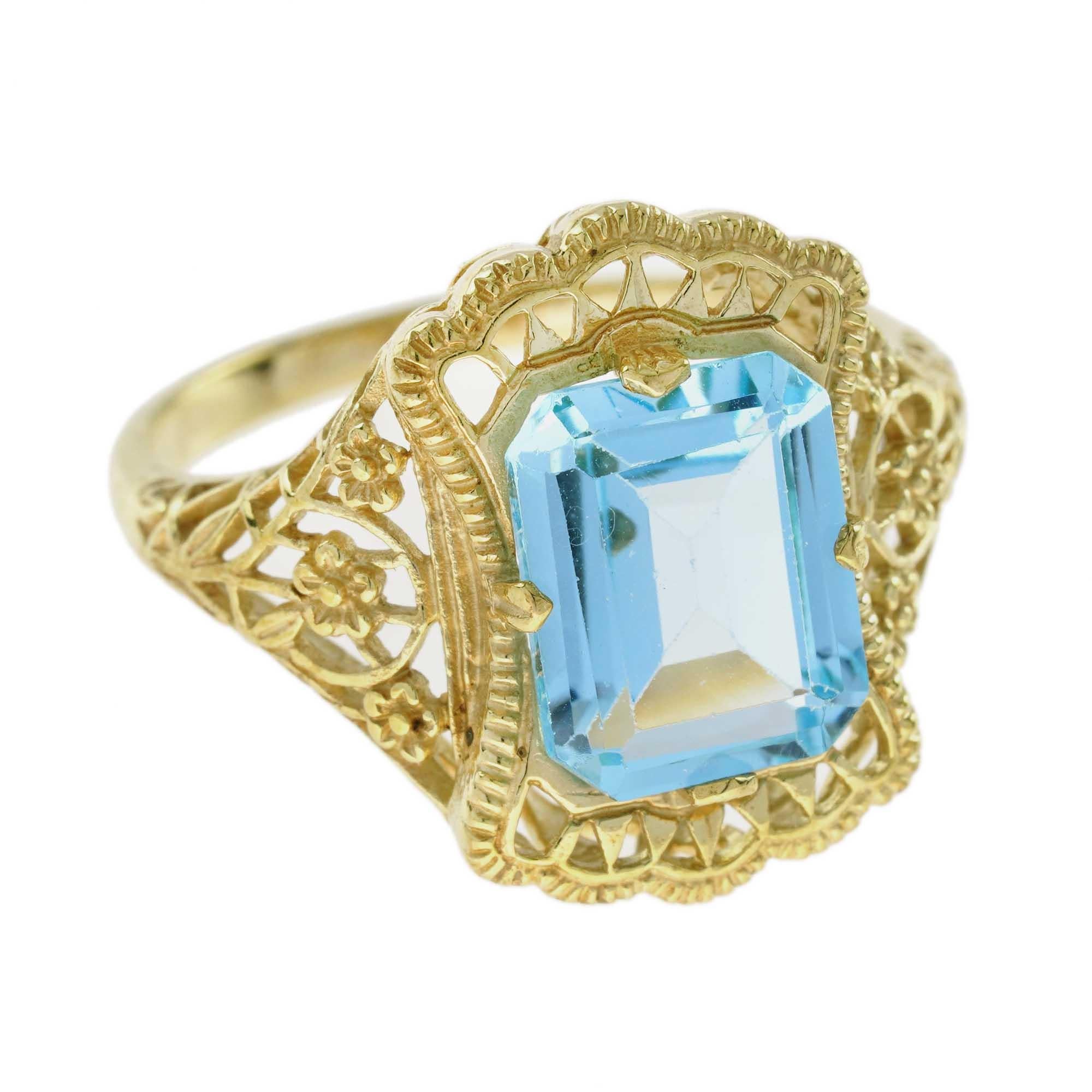 For Sale:  4.50 Ct. Natural Blue Topaz Vintage Style Filigree Ring in Solid 9K Yellow Gold
