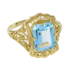 4.50 Ct. Natural Blue Topaz Vintage Style Filigree Ring in Solid 9K Yellow Gold