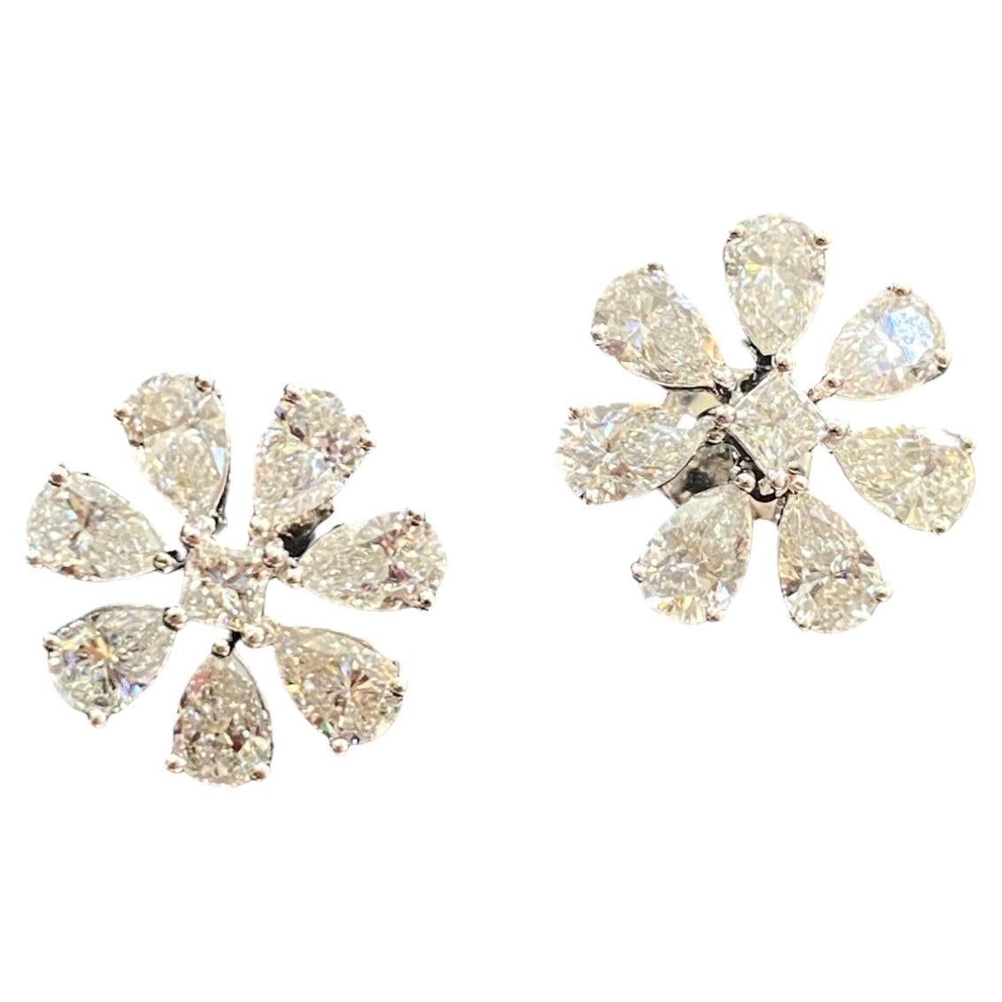 4.50 Cts F/VS1 Pear Princess Natural Diamonds Big Flower Stud Earrings 14K Gold For Sale