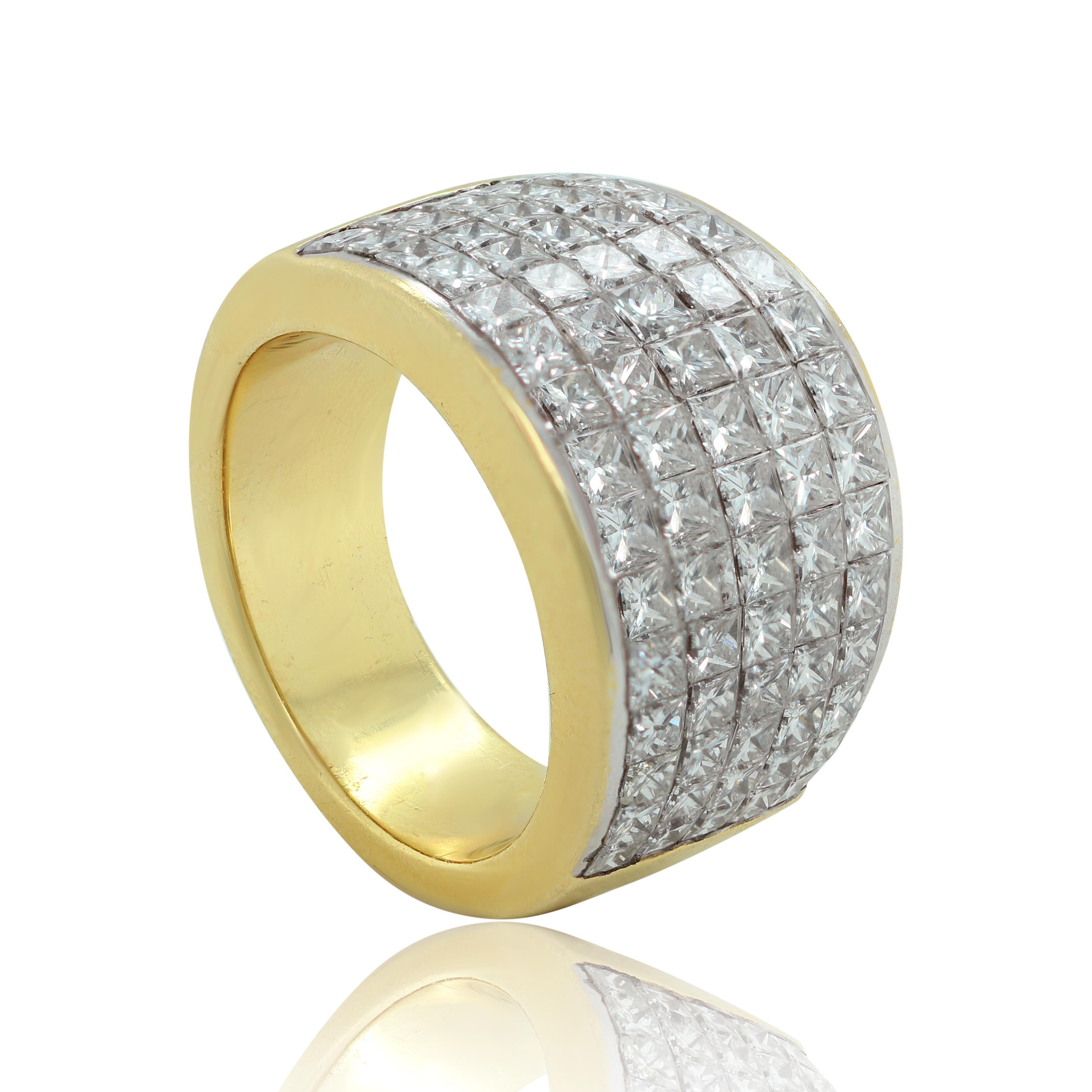 Taille princesse Bracelet en or jaune 18 carats à cinq rangées de diamants taille princesse de 4,50 carats, demi-cercle en vente