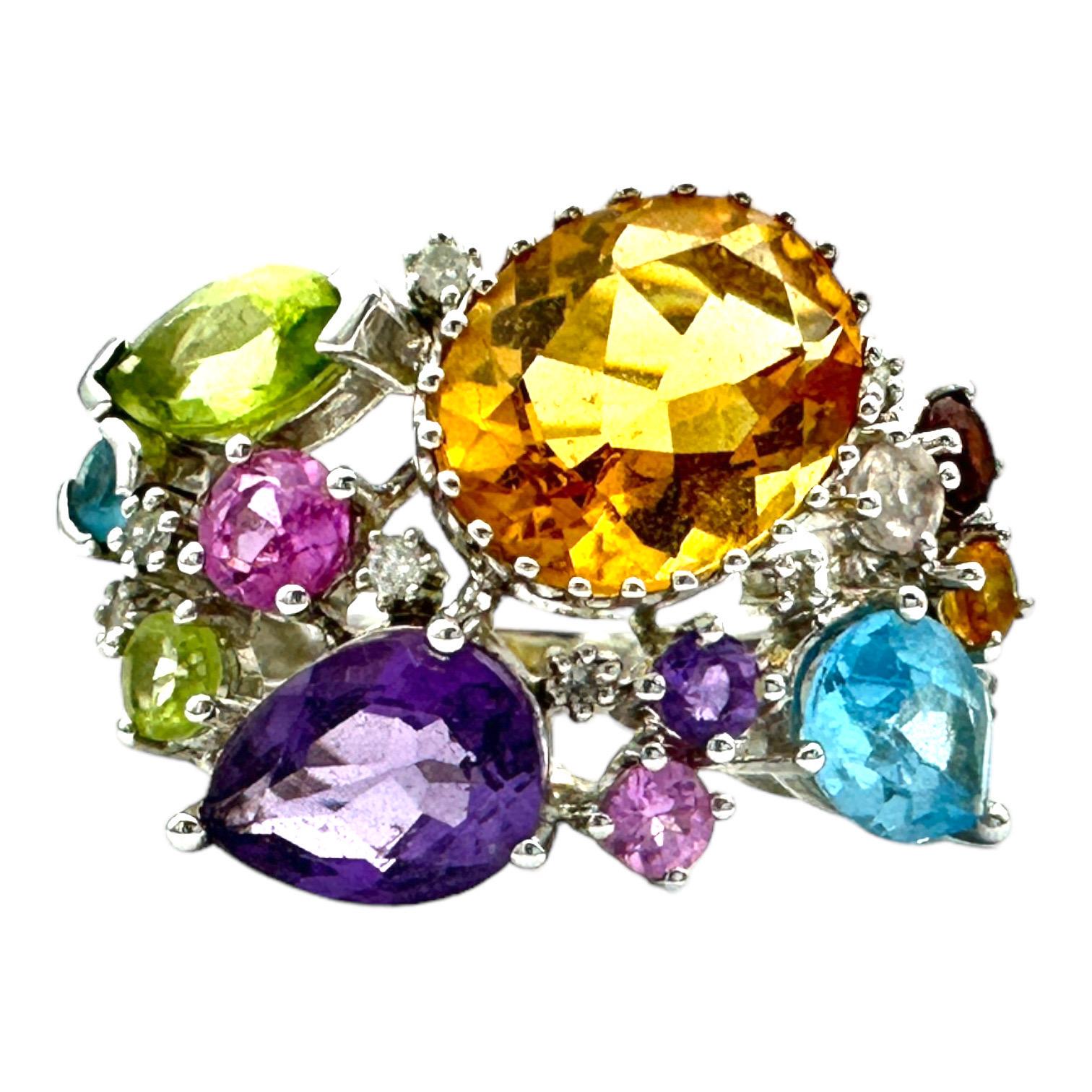 Mixed Cut 4.50ct Colored Gemstone Confetti Ring 14kt White Gold For Sale
