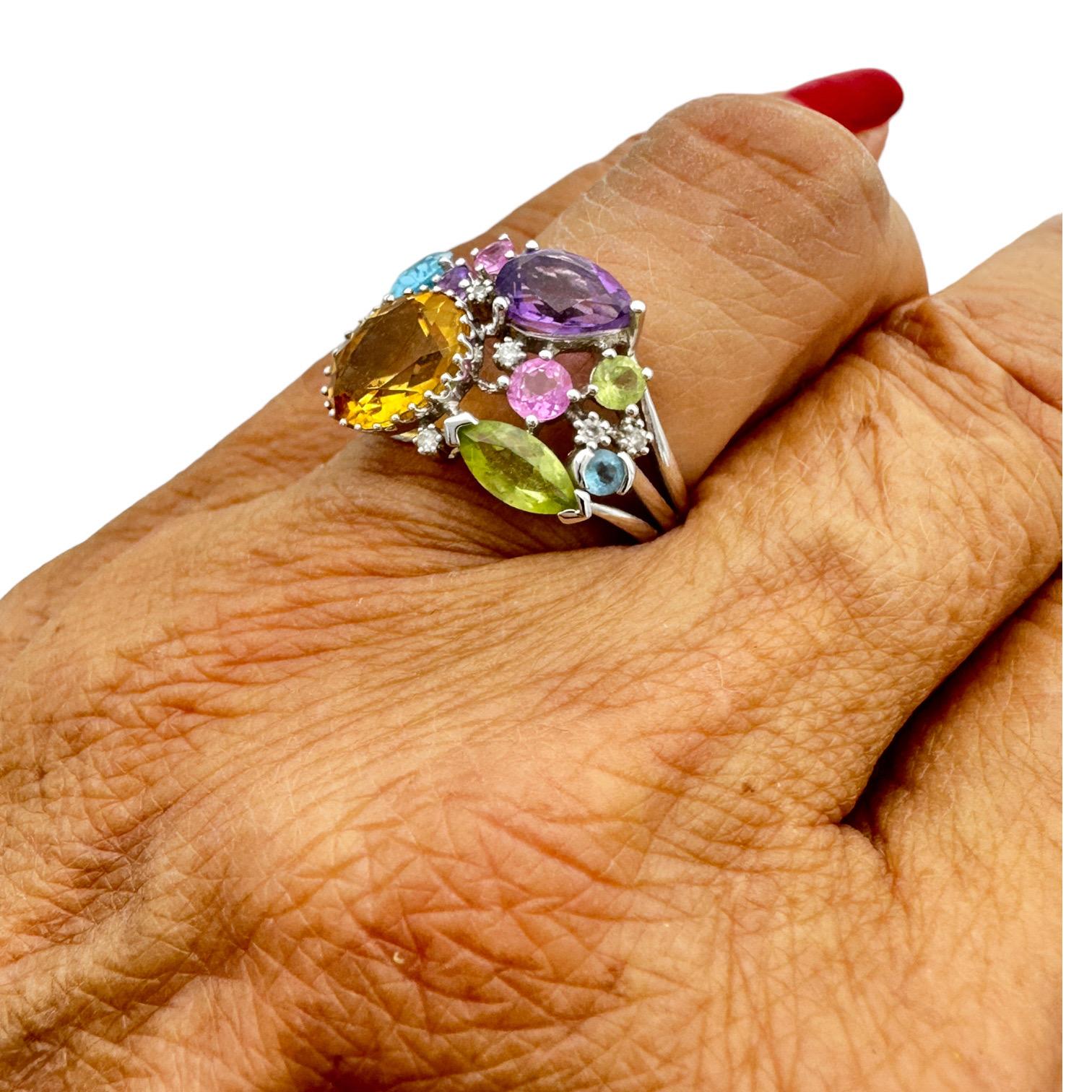 4.50 CTW Colored Gemstone Confetti Ring 14 Karat White Gold In Good Condition For Sale In Laguna Hills, CA
