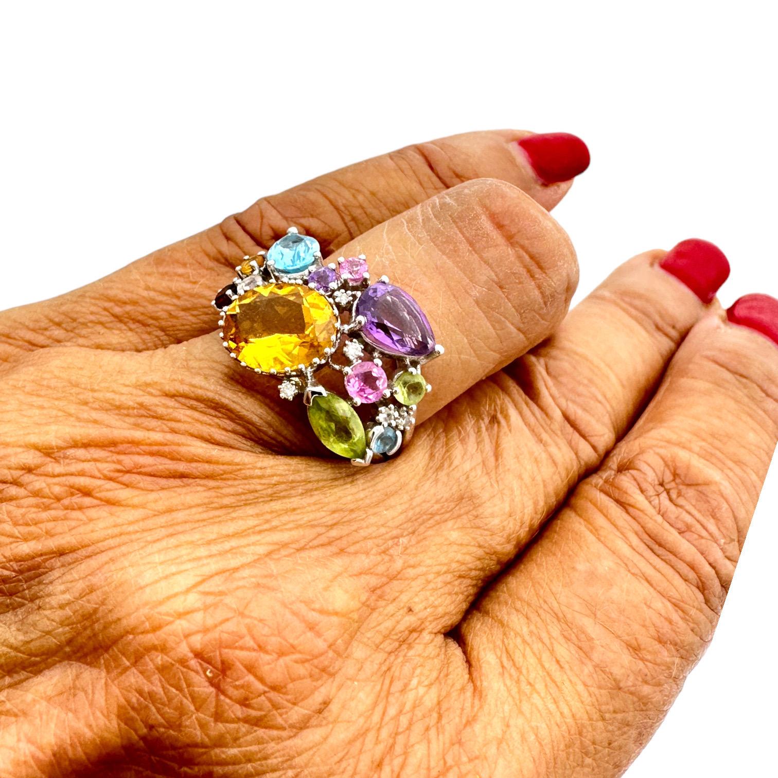 Women's or Men's 4.50 CTW Colored Gemstone Confetti Ring 14 Karat White Gold For Sale