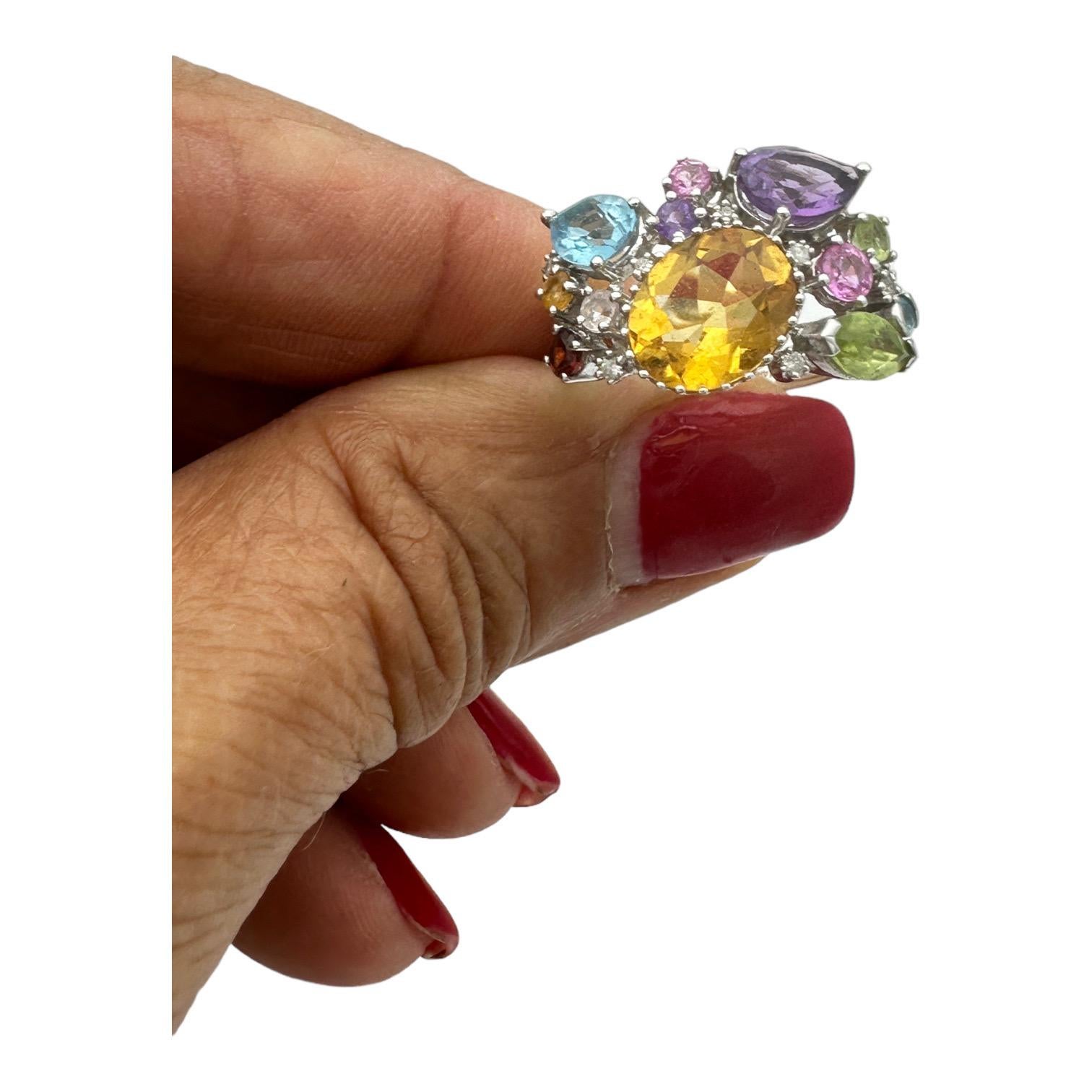 4.50 CTW Colored Gemstone Confetti Ring 14 Karat White Gold For Sale 1