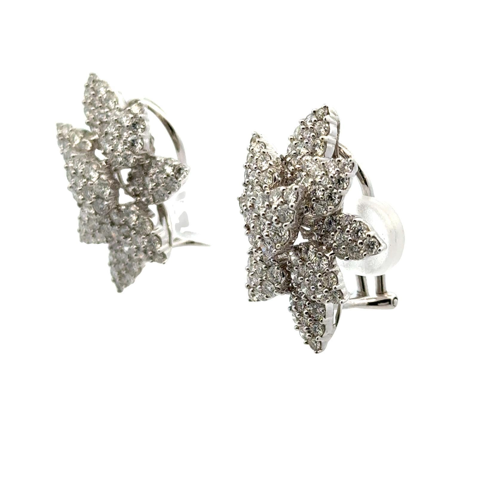 4.50 CTW Diamond Floral 14 Karat White Gold Leverback Modern Earrings In Excellent Condition For Sale In Boca Raton, FL