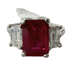 4.50 ctw Mid-Century Emerald Cut Diamond & Burmese Ruby Platinum Ring