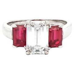 4.50 ctw Mid-Century Emerald Cut Diamond & Burmese Ruby Platinum Ring