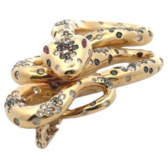 4.50 CTW White & Black Diamond 18 Karat Yellow Gold Snake Pendant Ruby Eyes