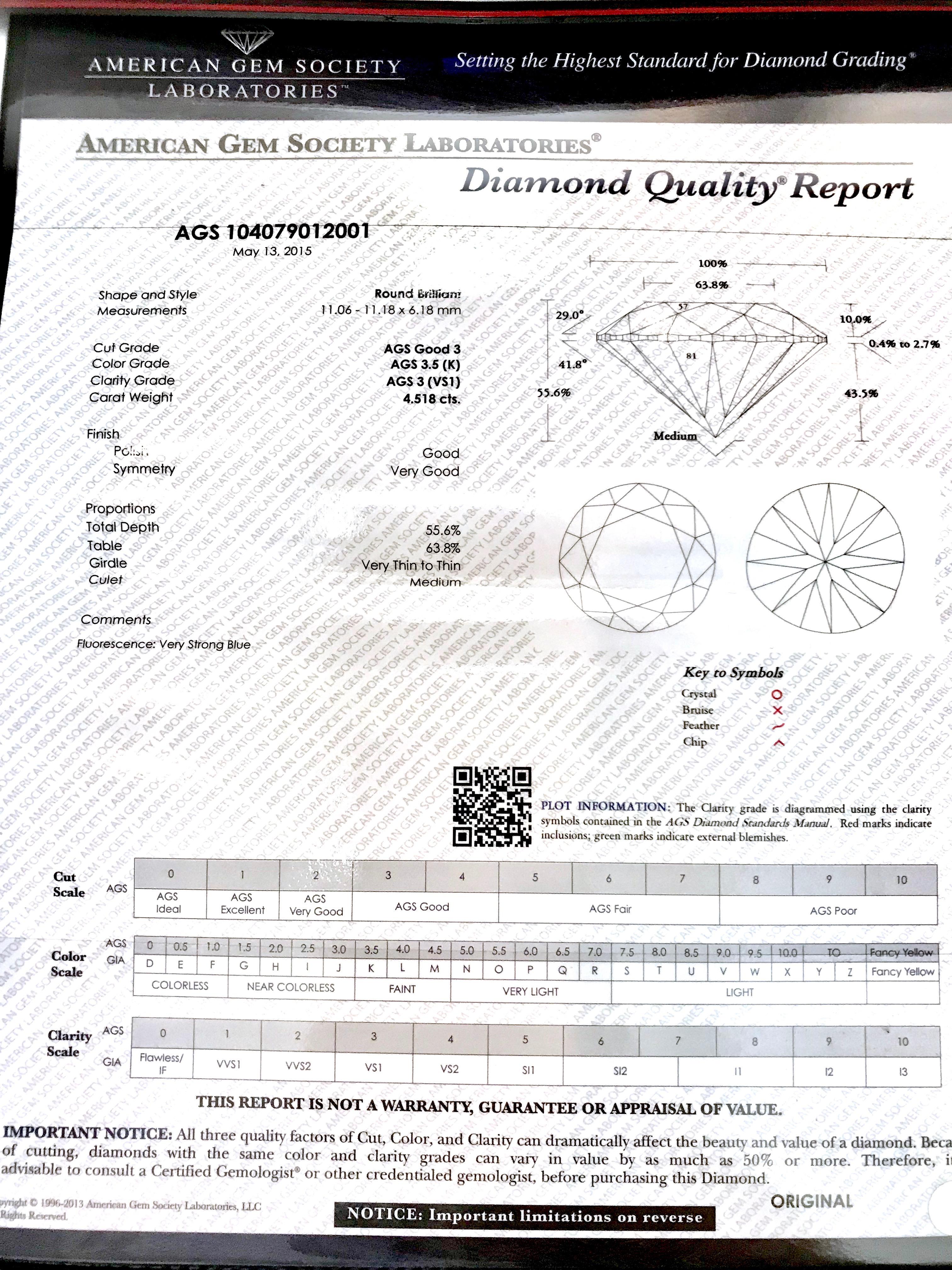 4.50 K-VS1 AGS Certified Diamond Engagement Ring In Excellent Condition In Aliso Viejo, CA