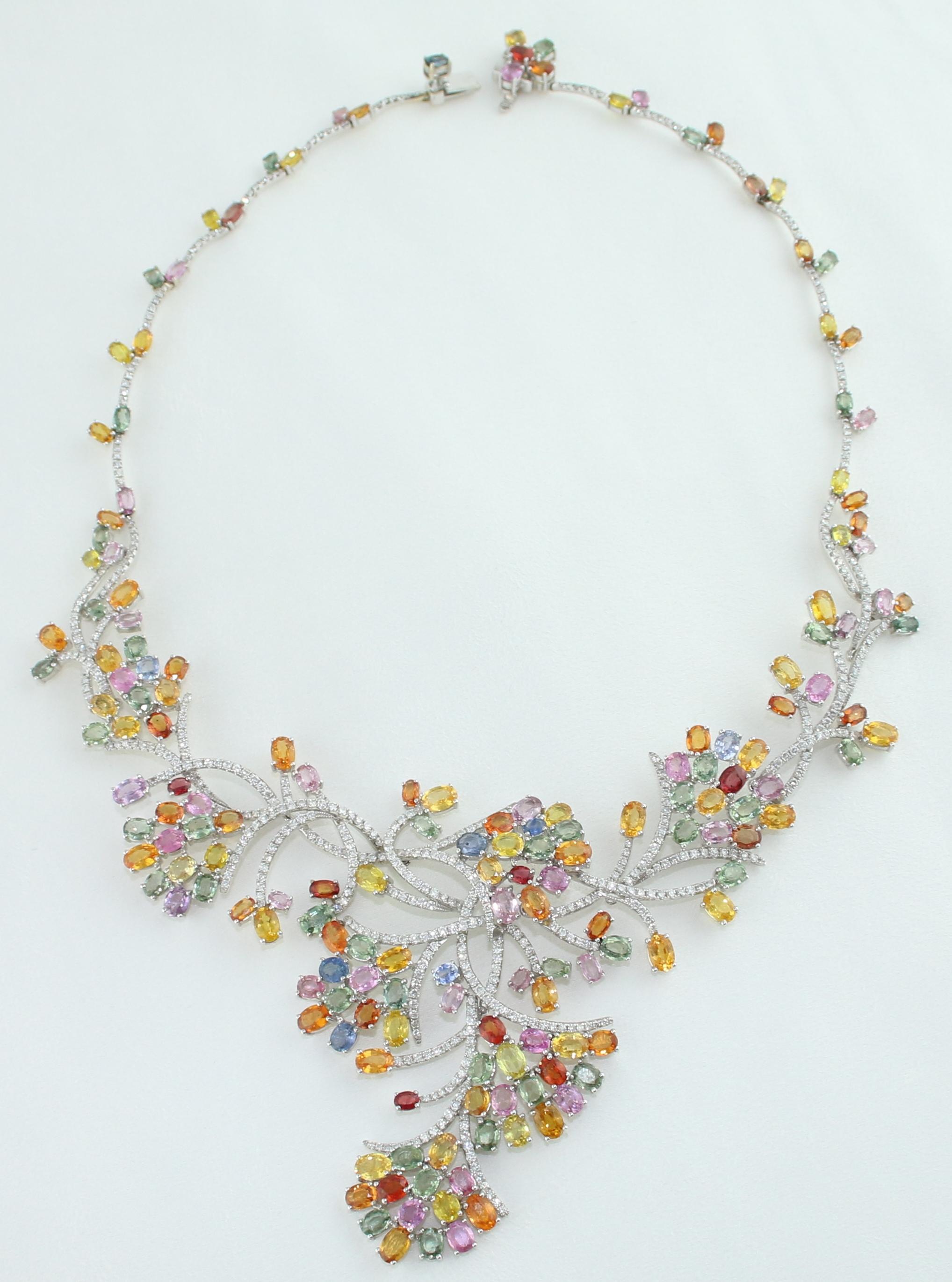 45.00 Carat Multi-Color Sapphire and Diamond Gold Necklace In New Condition For Sale In New York, NY