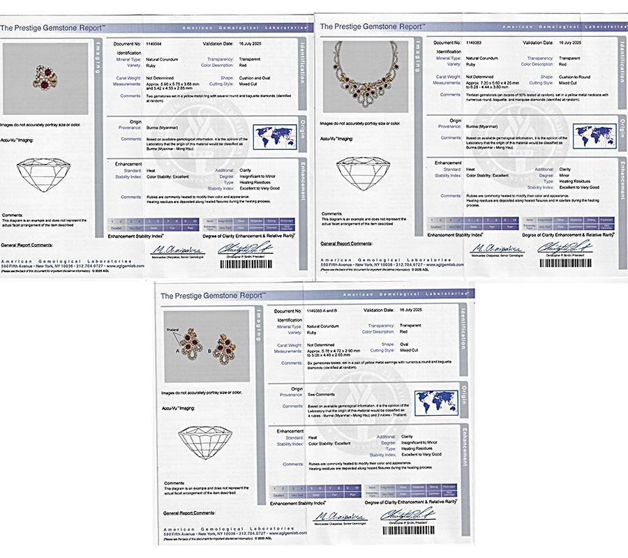 45.00ct Diamond 31.00ct AGL Burma Ruby Gold Necklace Earrings and Ring Set en vente 1