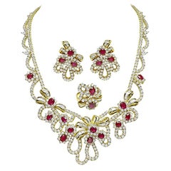 45.00ct Diamond 31.00ct AGL Burma Ruby Gold Necklace Earrings and Ring Set