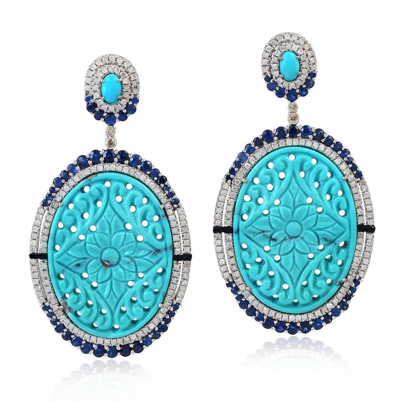 Oval Cut 45.05 Hand Carved Turquoise Sapphire Diamond Earrings For Sale