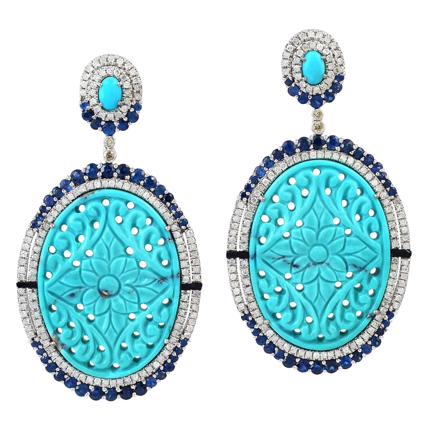 45.05 Hand Carved Turquoise Sapphire Diamond Earrings