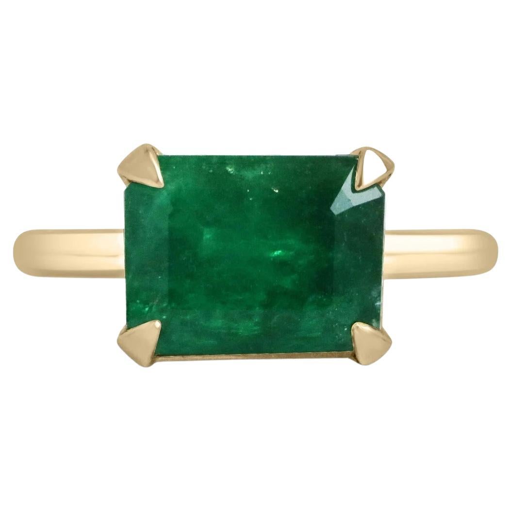 4.50ct 14K Rich Forest Green Emerald Cut Emerald East to West 4 Prong Set Ring For Sale