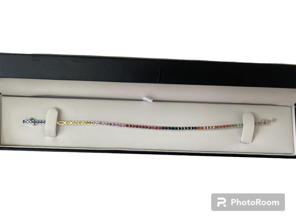 Princess Cut 4.50ct Carat Genuine Rainbow Sapphire Tennis Bracelet 9ct White Gold AIG Lab For Sale
