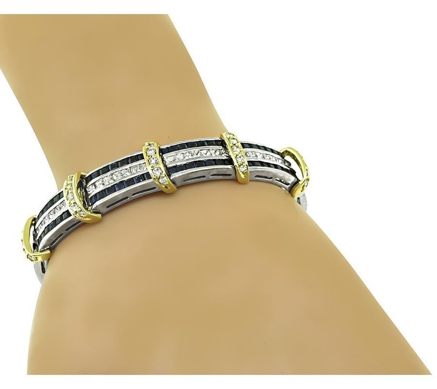 This is a charming 14k white and yellow gold bracelet. The bracelet is set with sparkling princess and round cut diamonds that weigh approximately 4.50ct. The color of these diamonds is I-J with VS clarity. The diamonds are accentuated by lovely