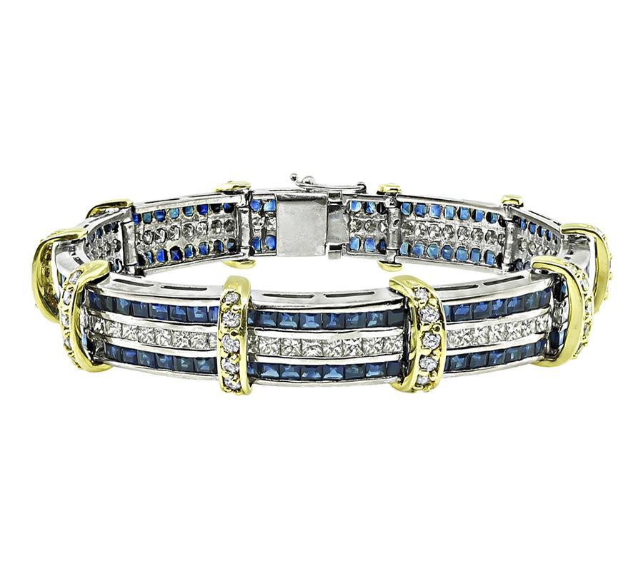 Princess Cut 4.50ct Diamond 6.00ct Sapphire Gold Bracelet For Sale