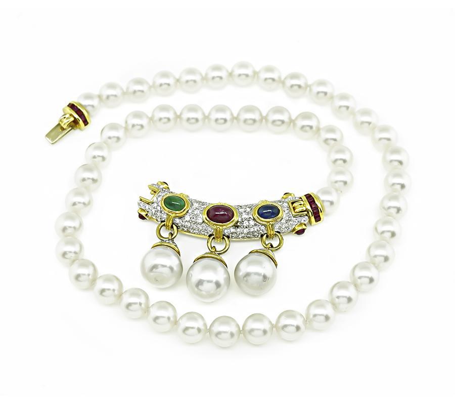 Round Cut 4.50ct Precious Gemstone 1.75ct Diamond Pearl Necklace For Sale