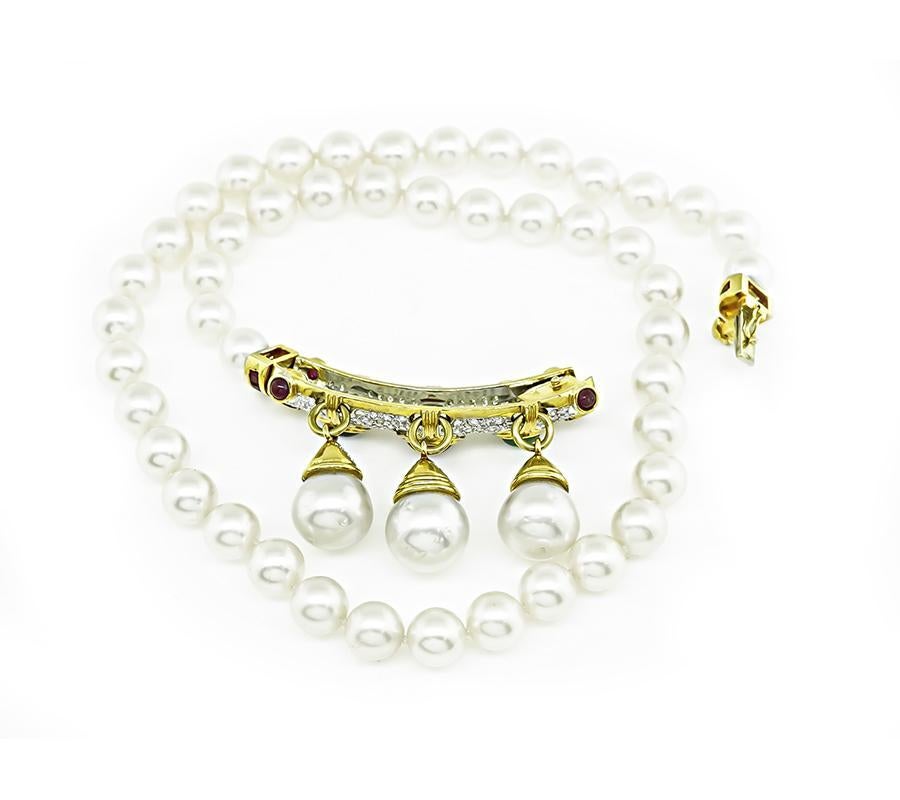 4.50ct Precious Gemstone 1.75ct Diamond Pearl Necklace In Good Condition For Sale In New York, NY