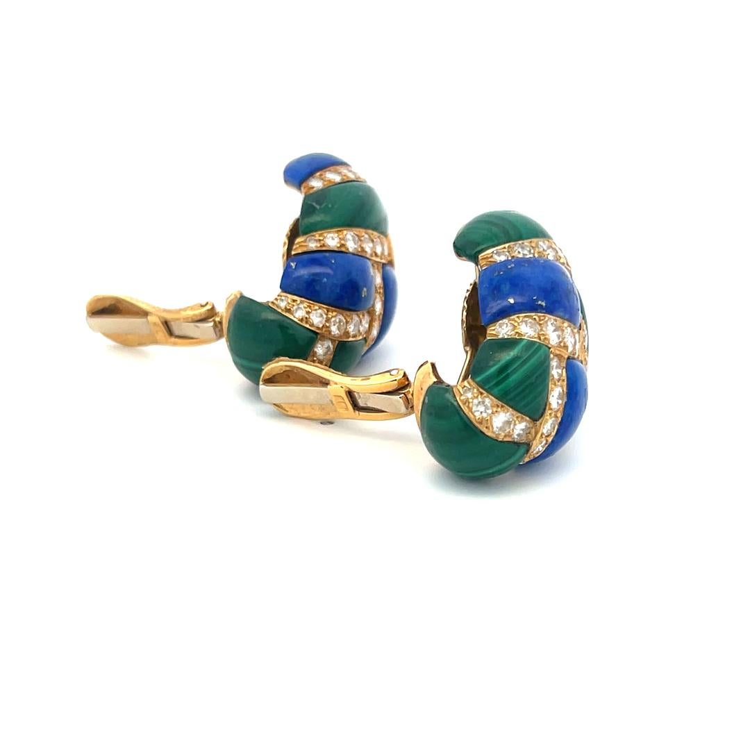 Boucles d'oreilles clips en or 18 carats avec diamant rond brillant de 4,50 ct, lapis et malachite en vente 5