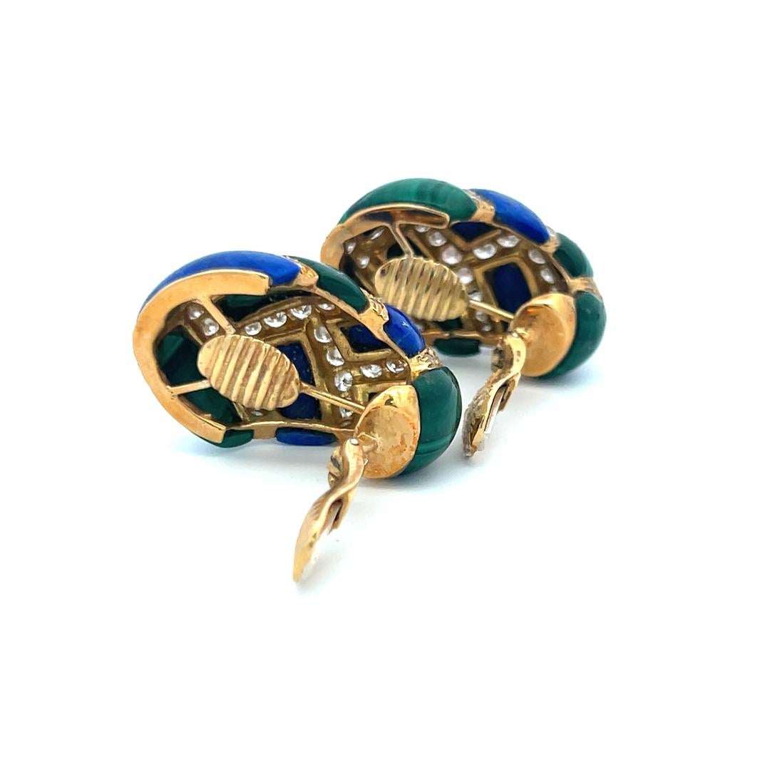 Boucles d'oreilles clips en or 18 carats avec diamant rond brillant de 4,50 ct, lapis et malachite en vente 6
