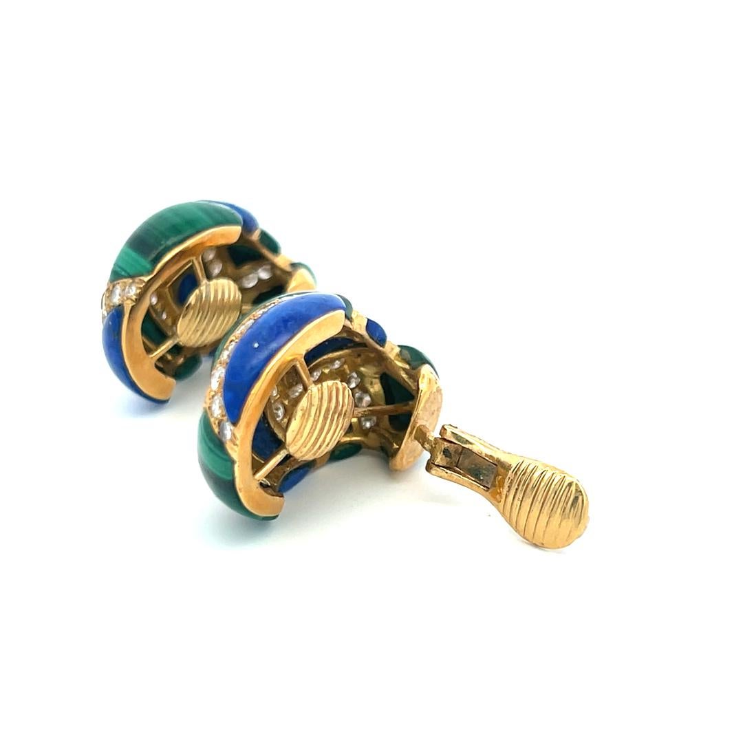 Boucles d'oreilles clips en or 18 carats avec diamant rond brillant de 4,50 ct, lapis et malachite en vente 7